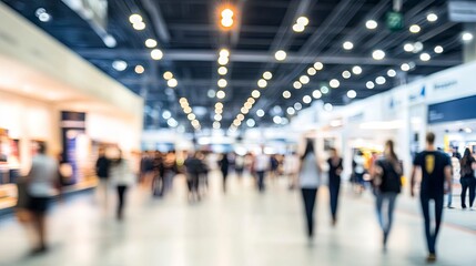 Obraz premium Exhibition blur background of convention hall event for business of tech expo, terminal or museum gallery lobby with blurry interior large corridor hallway white room empty space.