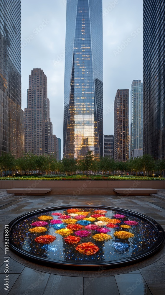 Poster a circular fountain with colorful lights in the foreground, a view of skyscrapers in the background 