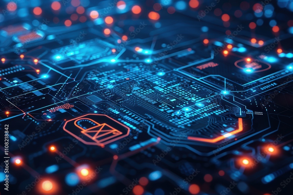 Aufkleber futuristic circuit board design with glowing elements and data connections.