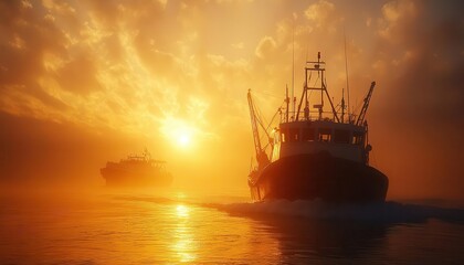 Fototapeta premium Shrimp fishing operation in tropical coastal waters, trawler visible on the horizon, and soft morning light