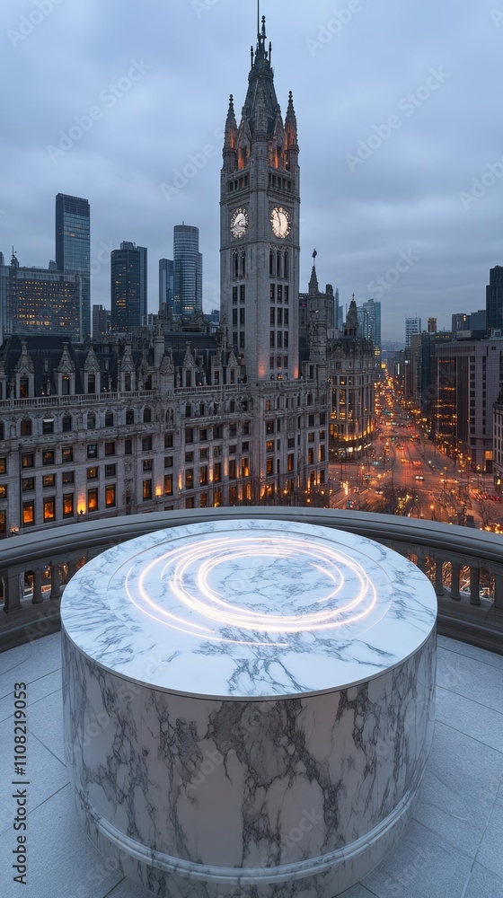 Poster a circular marble fountain with a glowing light design in the center on a rooftop overlooking a city