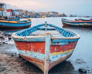 Obraz premium Small wooden fishing boats in a Peruvian village harbor, cultural vibrancy, and warm evening tones