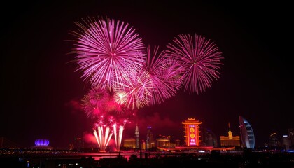 Vibrant pink fireworks display over illuminated cityscape at night.