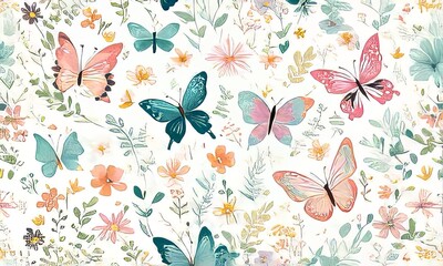 Artistic display of butterflies surrounded by bright blooms, intricate green vines, showcasing harmonious blend of colors, for uplifting artwork, decorations, greeting card, print, digital design.