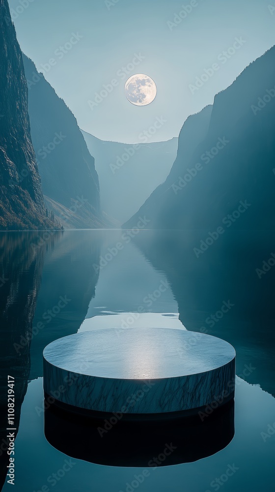 Poster a circular platform floating on a still lake with a full moon reflecting in the water and mountain r
