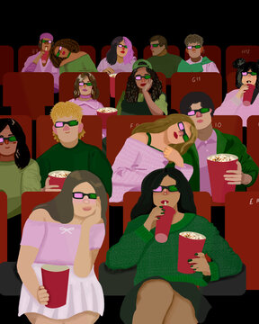 Una sala de cine casi llena en verde y rosa