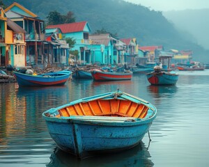 Obraz premium Vietnamese floating fishing village with colorful boats and houses, calm bay, and warm natural light