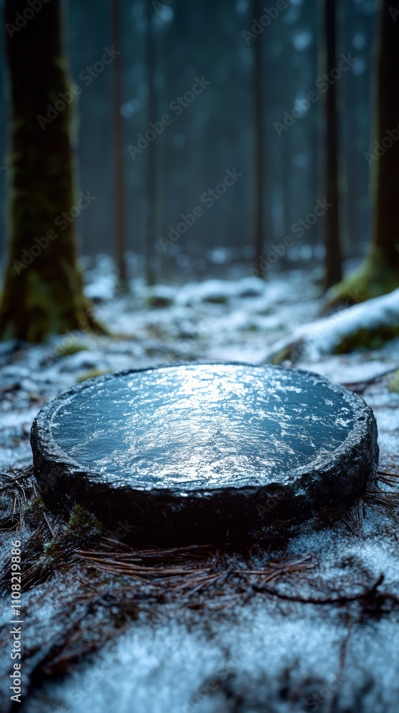 Poster a circular stone basin sits in the snow with the reflection of the sky showing above.