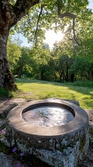 Fototapeta premium A circular stone basin filled with water sits in a grassy clearing under the shade of a large tree, with sunlight filtering through the leaves.