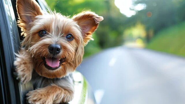 happy dog with head out of the car window having fun 4K Video
