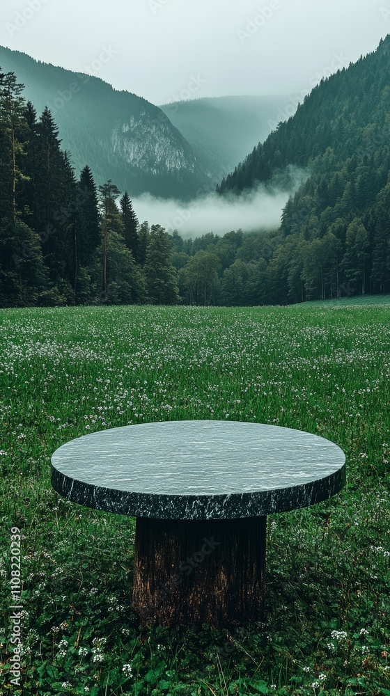Poster a circular stone table sits in a green field with a misty mountain range in the background.