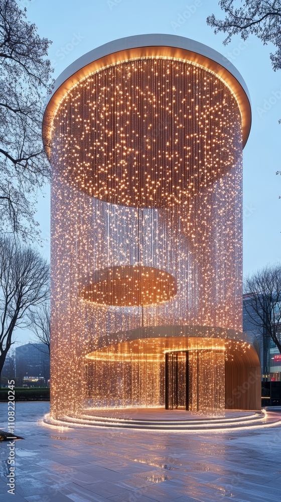 Poster a circular structure with a glowing ring at the top and strings of lights cascading down the sides. 