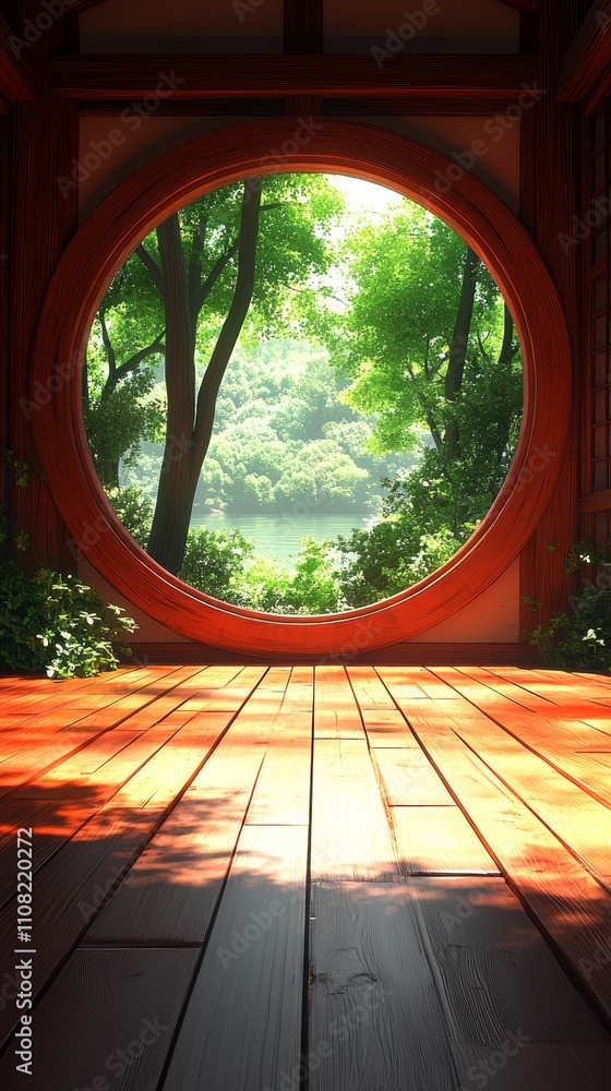 Poster a circular window in a traditional japanese building frames a view of a lush green forest and a lake