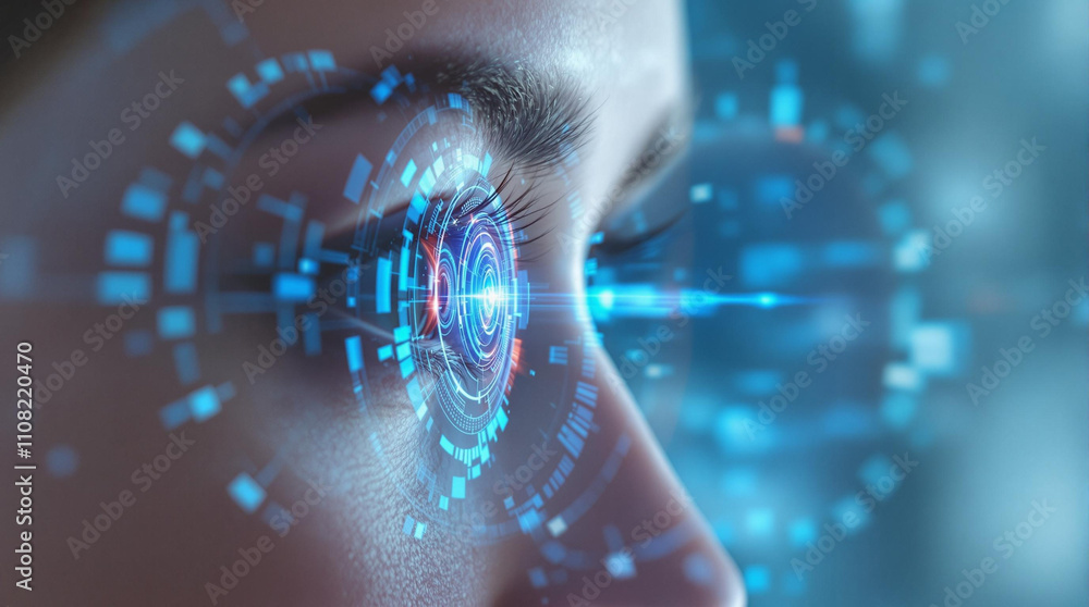 Poster close-up of an eye illustrating advanced digital technology, with intricate patterns and vibrant dat