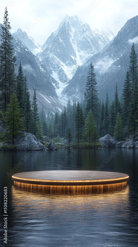 Poster a circular wooden platform with glowing edges, floating on a calm lake in front of a snow-capped mou