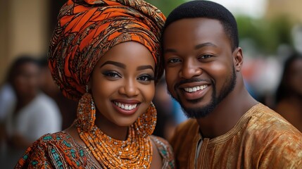 Happy African American couple in traditional attire. Woman wears vibrant orange head wrap, colorful outfit. Man wears warm golden garment. Both smile warmly at camera. Likely cultural or social event.