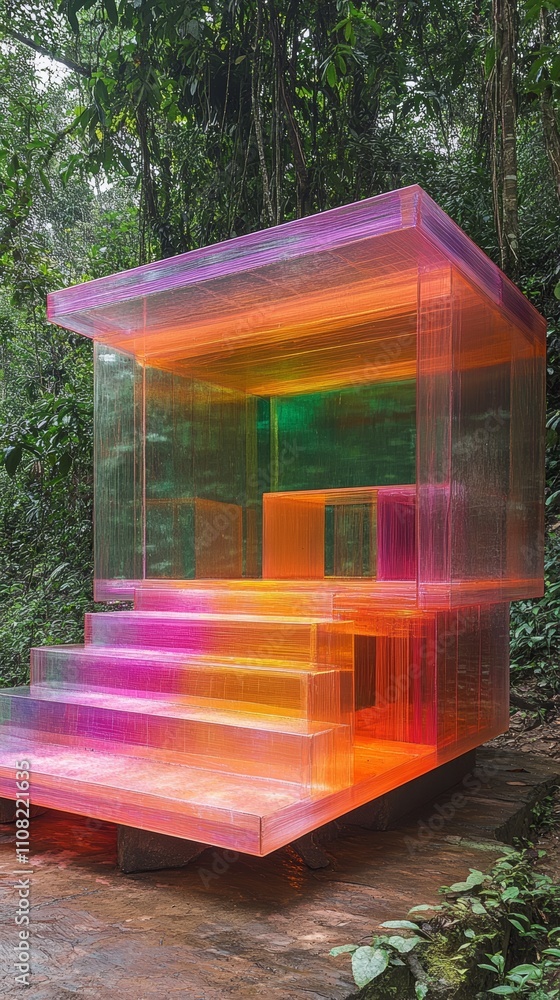 Poster a colorful, transparent structure with steps leading up to a small platform in the middle of a fores