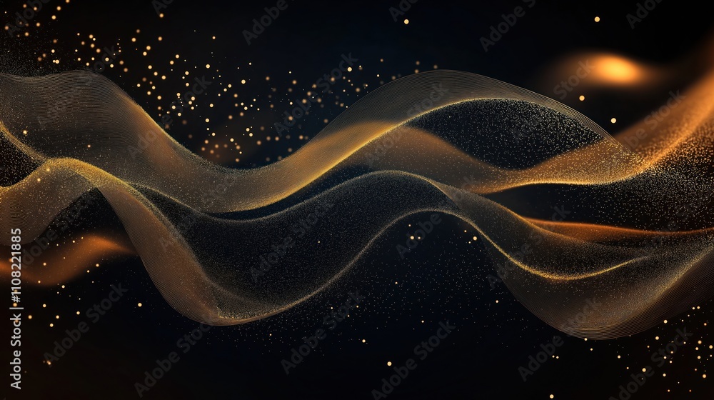 Poster Abstract design with shimmering golden waves, sparkling particles on dark background. Dynamic golden lines flowing. Elegant abstract pattern. Creative visual design suitable for tech luxury products.