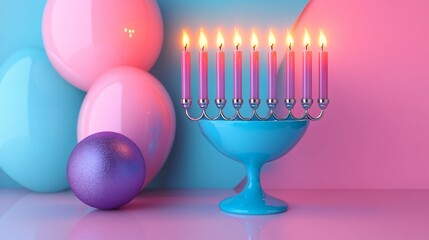 Fototapeta premium A vibrant blue goblet with seven glowing candles, set against pink and blue geometric backgrounds. Ideal for Hanukkah, festive celebrations, and modern interior decor.