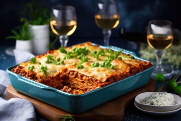 Healthy vegan Italian cuisine with lentil and green pea lasagna on a table covered with a blue linen tablecloth served for the whole family party or restau