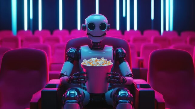 Roboter im kino mit popcorn