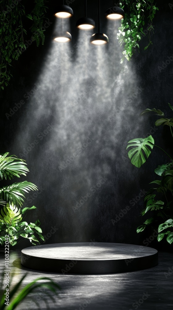 Poster A dark backdrop with a circular platform illuminated by spotlights with foliage surrounding the stage.