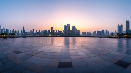Obraz premium Panoramic skyline view with empty square, buildings look majestic and modern.