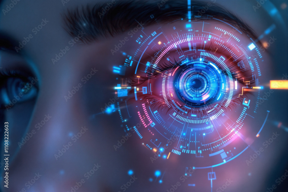 Poster an eye with glowing circuits symbolizes futuristic tech and predictive modeling methods