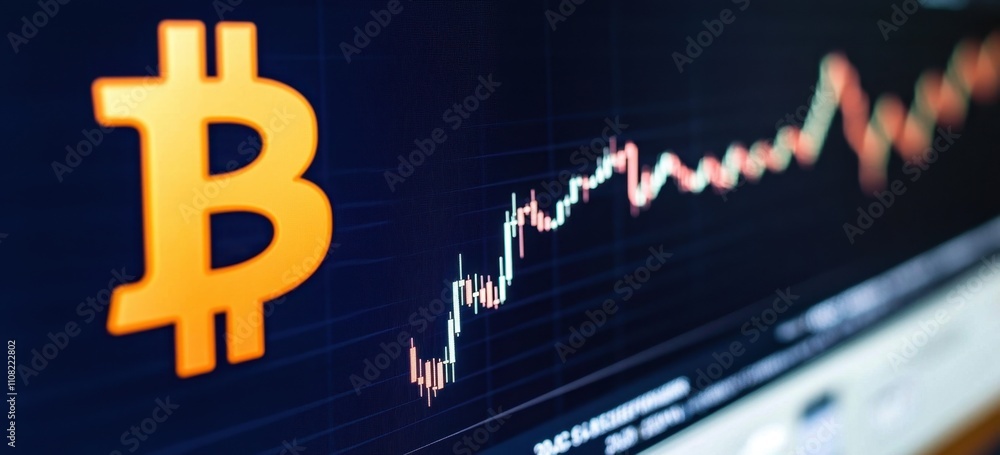 Poster a bitcoin logo with a trading chart on a dark blue background web banner with copy space on generati