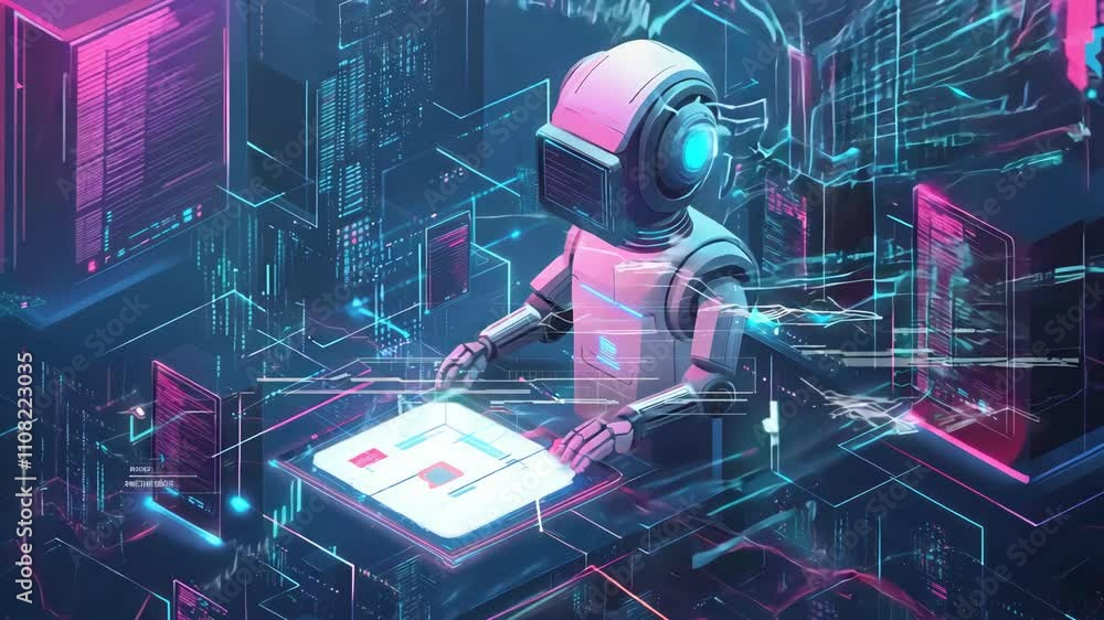Poster ai technology concept. character working with artificial intelligence, chatbot, generative tools for