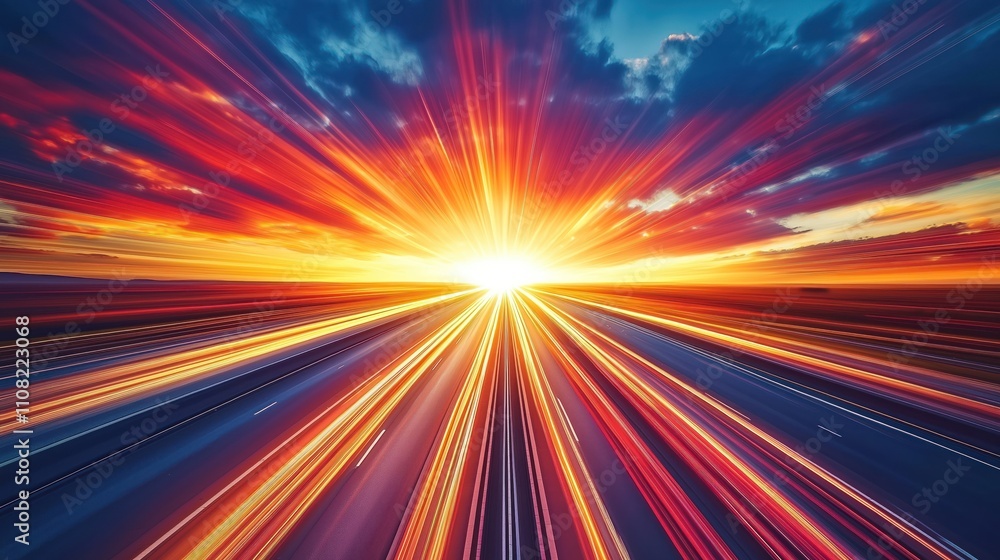Poster highway stretches into vibrant sunset. dramatic light burst effect suggests speed, futuristic travel
