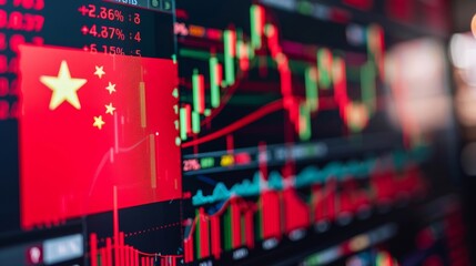 Chinese flag overlaying stock market chart symbolizing finance, economic growth, and data trends