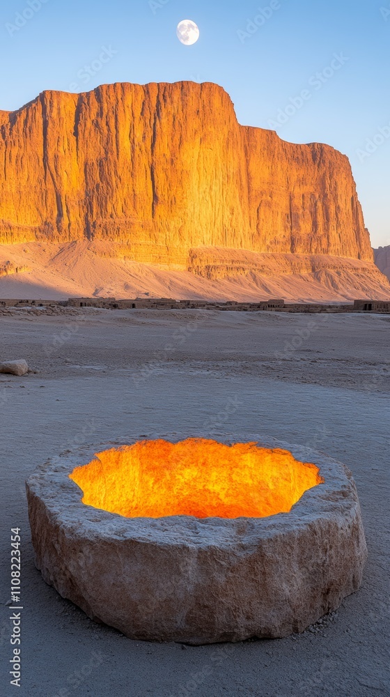 Poster a glowing fire pit in the desert with a full moon and a large cliff in the background.