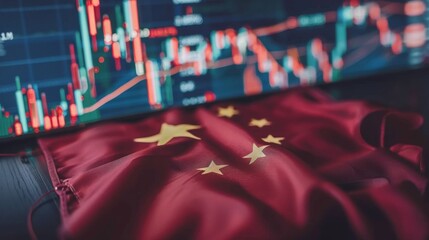 Chinese flag overlaid with stock market graphs representing economic growth and financial trends