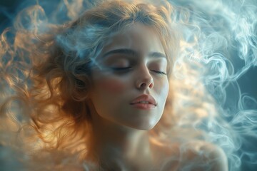 Attractive woman with long flowing hair in astral projection. Soft lighting, smoke effect evoke ethereal beauty. Eyes closed. Appears serene, peaceful. Mystical, dreamlike image. Portrait captures