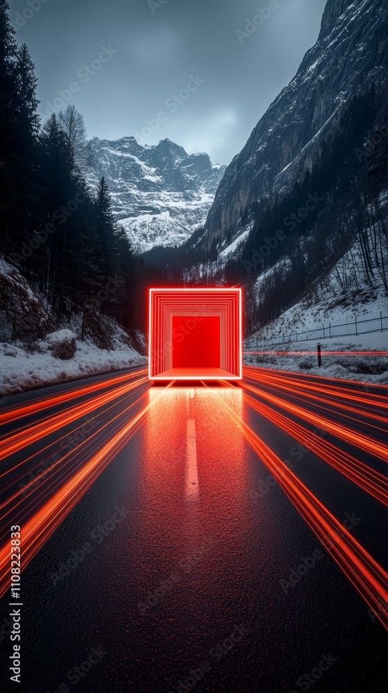 Poster a glowing red portal in the middle of an empty road leading through a snowy mountain pass, creating 