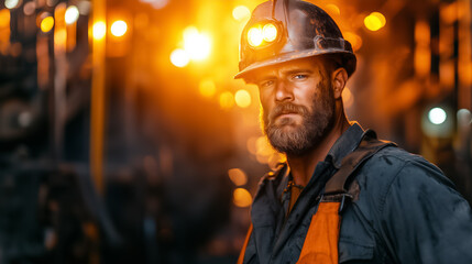 Fototapeta premium A miner worker steps out of a coal mine at dawn, surrounded by warm light, reflecting hard work and resilience