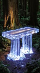 Fototapeta premium A glowing, ice table with four legs sits in a forest.