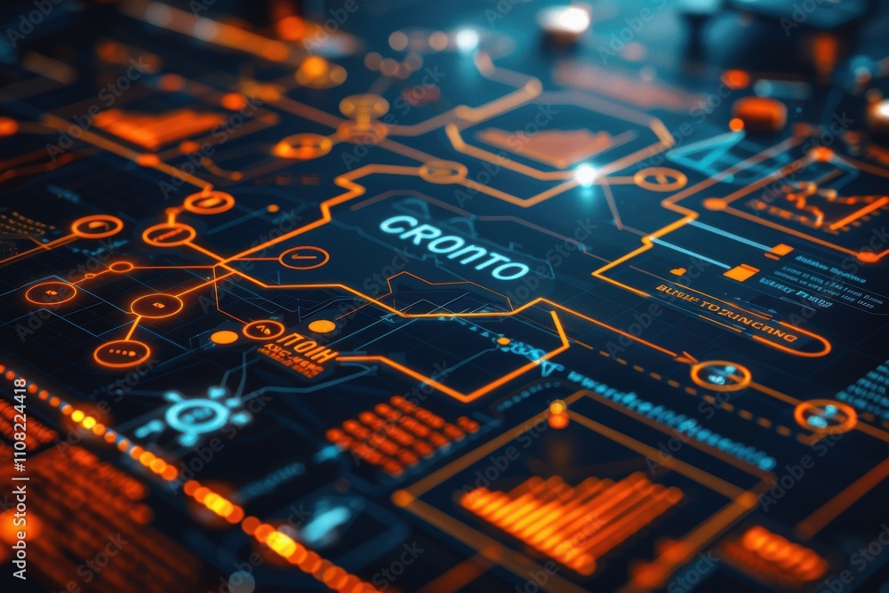 Poster futuristic data visualization with orange and blue graphics and analytics.