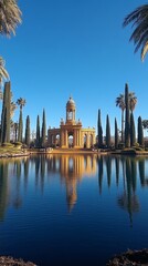 Naklejka premium A golden building with a domed roof stands in the center of a serene lake, surrounded by palm trees and cypress trees. The building is reflected in the still water.