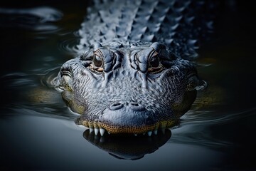 Obraz premium Alligator floats in water. Close-up photo. Animal balanced in water. Facial features expressive. Contrast emphasized. Nature photo. Wildlife subject. Dark water background. Aquatic creature. Focus on
