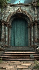 Fototapeta premium A grand, arched stone doorway with a teal curtain and steps leading up to it, set against a backdrop of lush foliage.