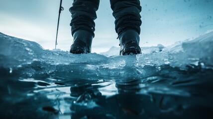 The fisherman stands on the ice with a fishing rod. The water is blue and the ice is white