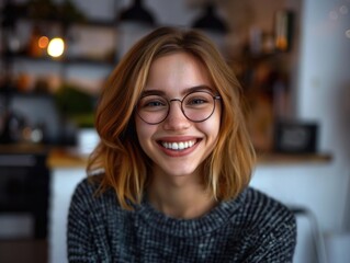 Obraz premium Woman with glasses is smiling and wearing a black sweater