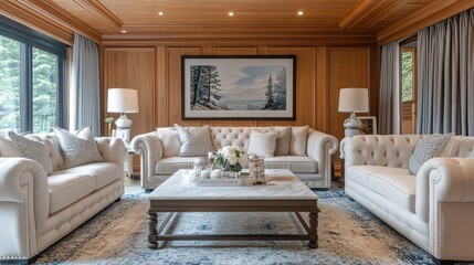 Luxurious living room embracing modern design with elegant furniture and nature view