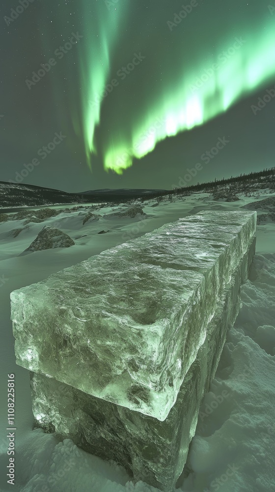Poster a large ice block sits in the foreground with the aurora borealis dancing in the sky.