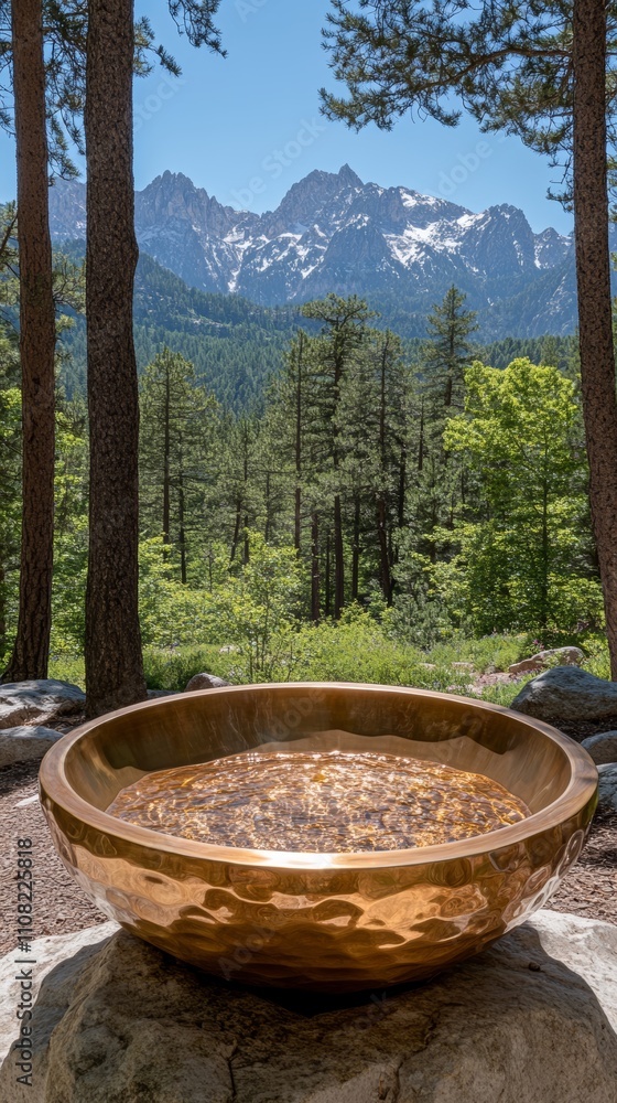 Poster a large golden bowl sits on a stone base with a view of a mountain range and forest in the backgroun