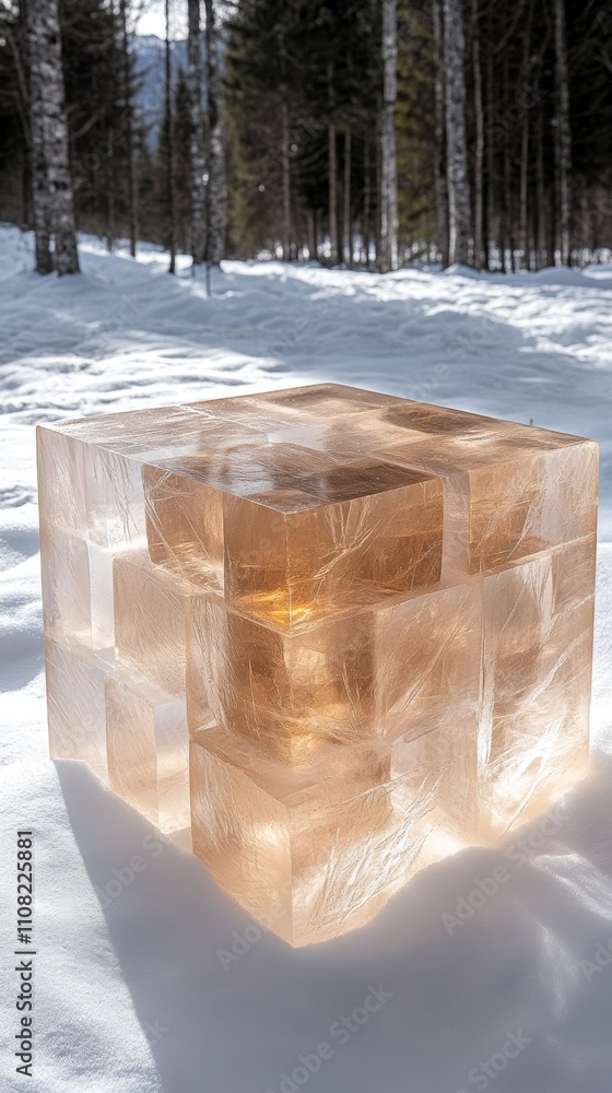 Poster a large ice cube structure made from many smaller cubes sits in a snowy forest.