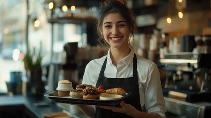 Smiling woman is holding a tray of food in a restaurant