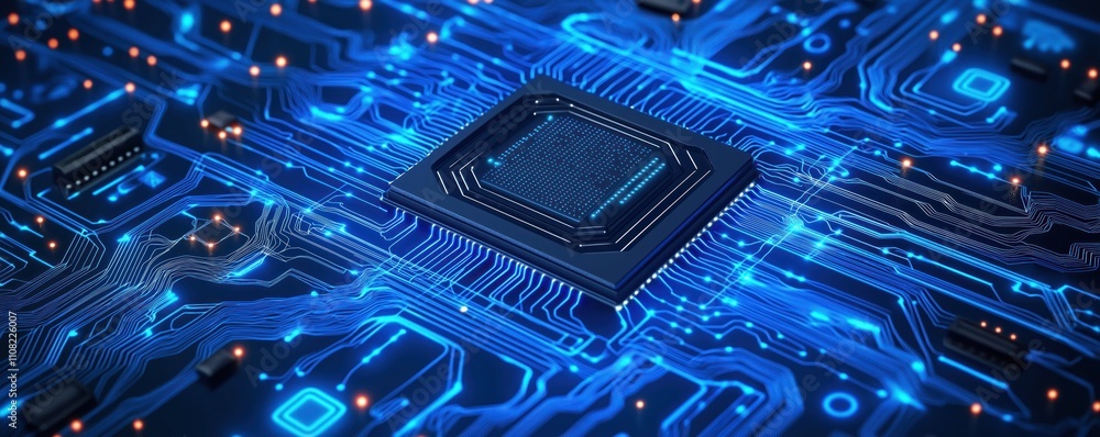 Poster Advanced ai processor chip sits on glowing blue tech circuit board. Futuristic tech concept. Modern computer circuit board with digital circuits, processor. Innovative tech design. Powerful blue